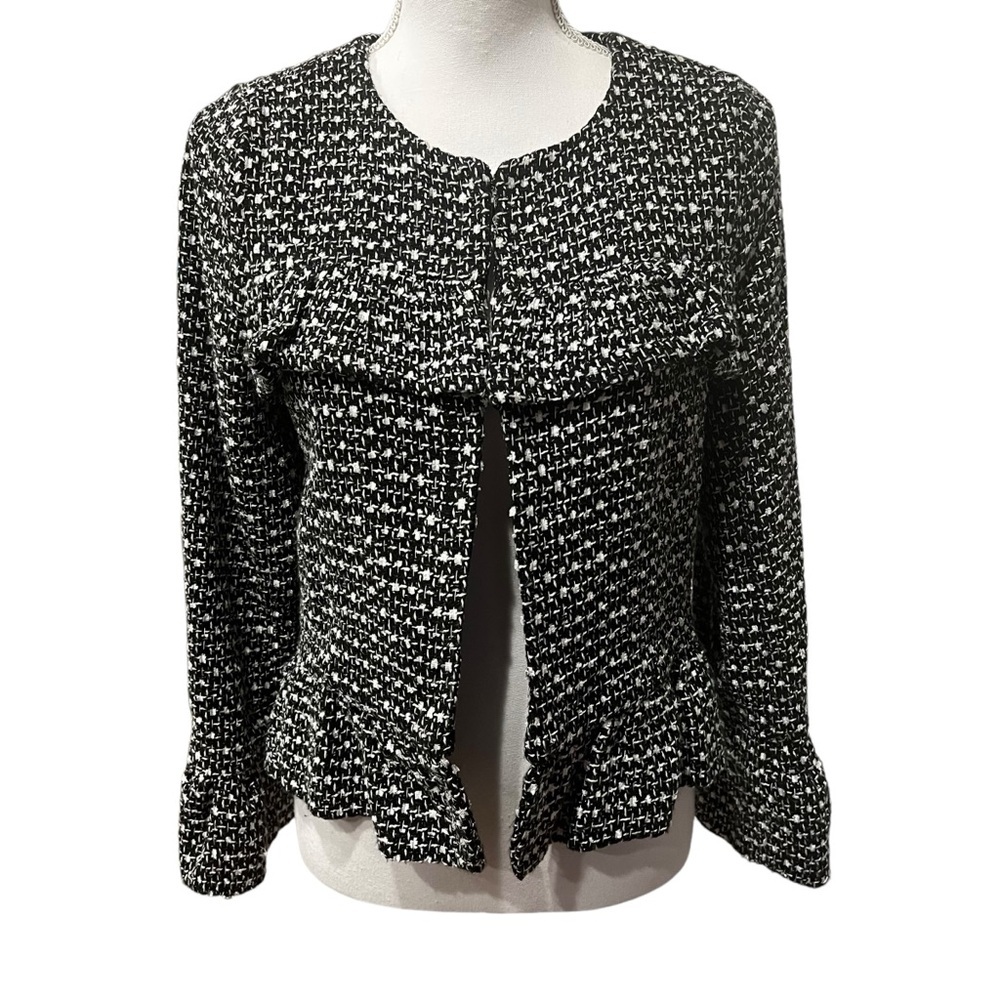 Skies Are‎ Blue Tweed Metallic Bell Sleeve Ruffle Open Front Jacket Size Small